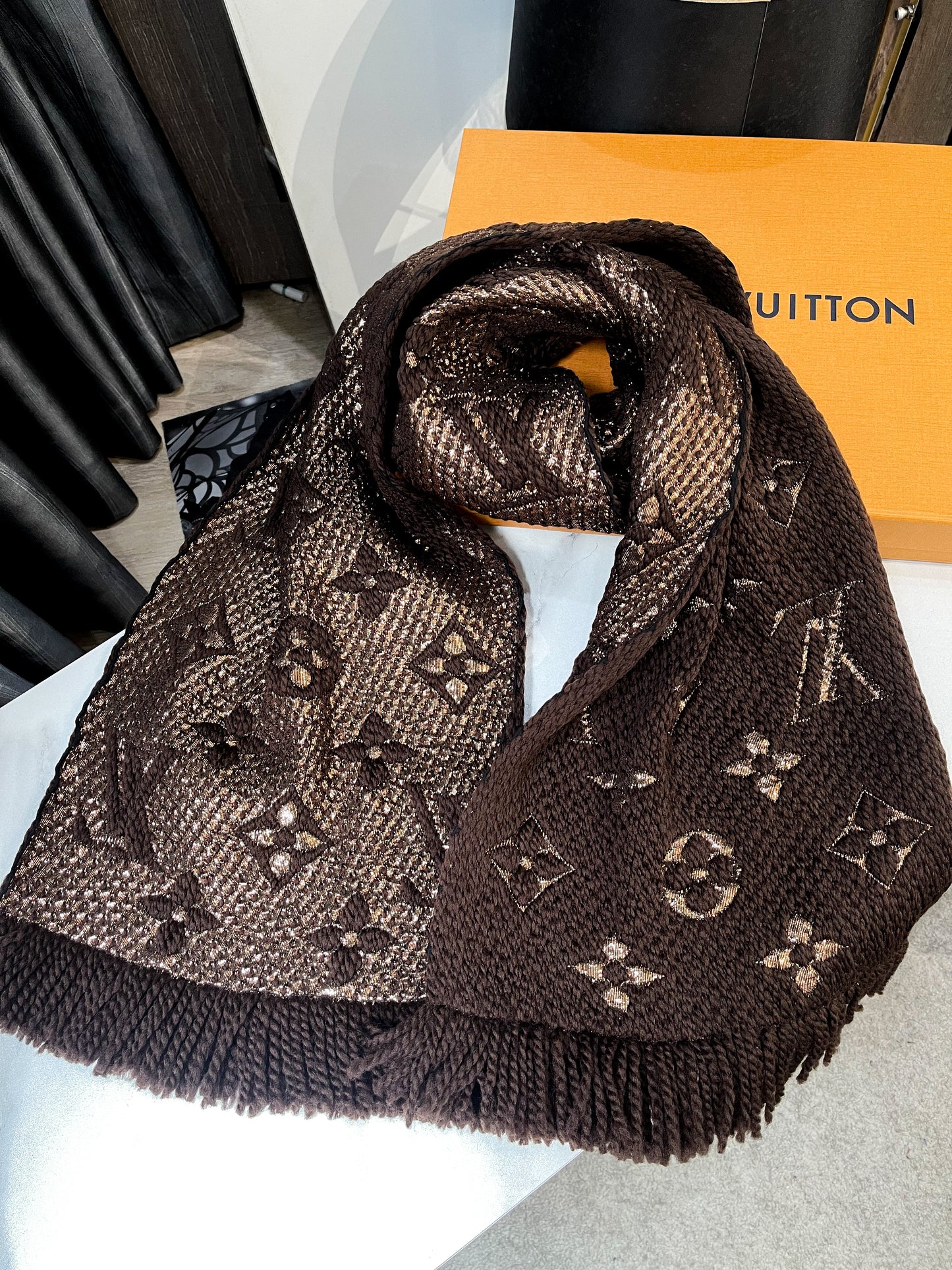 Brown Metallic Wool Scarf