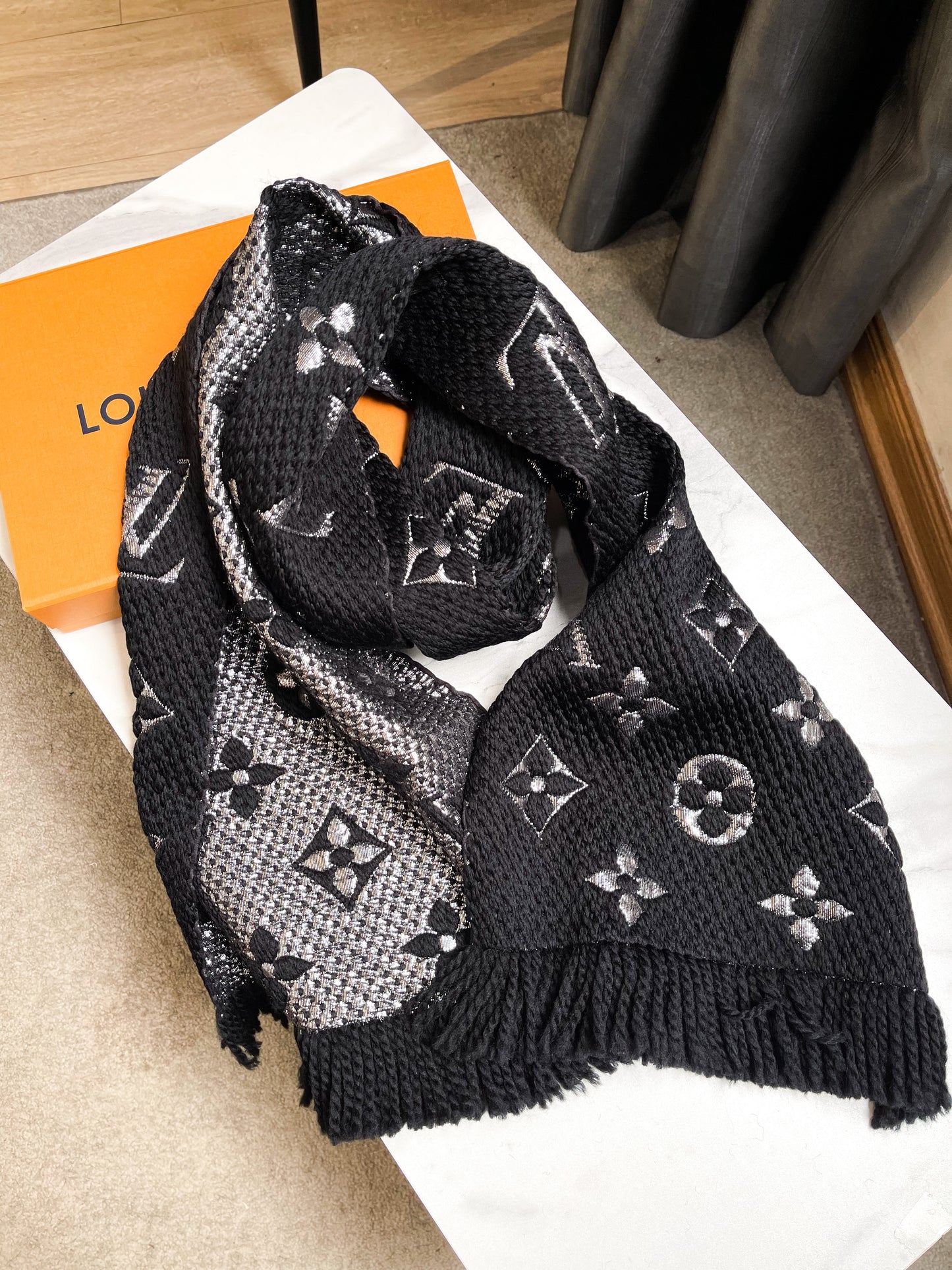 LV Metallic Black Wool Scarf