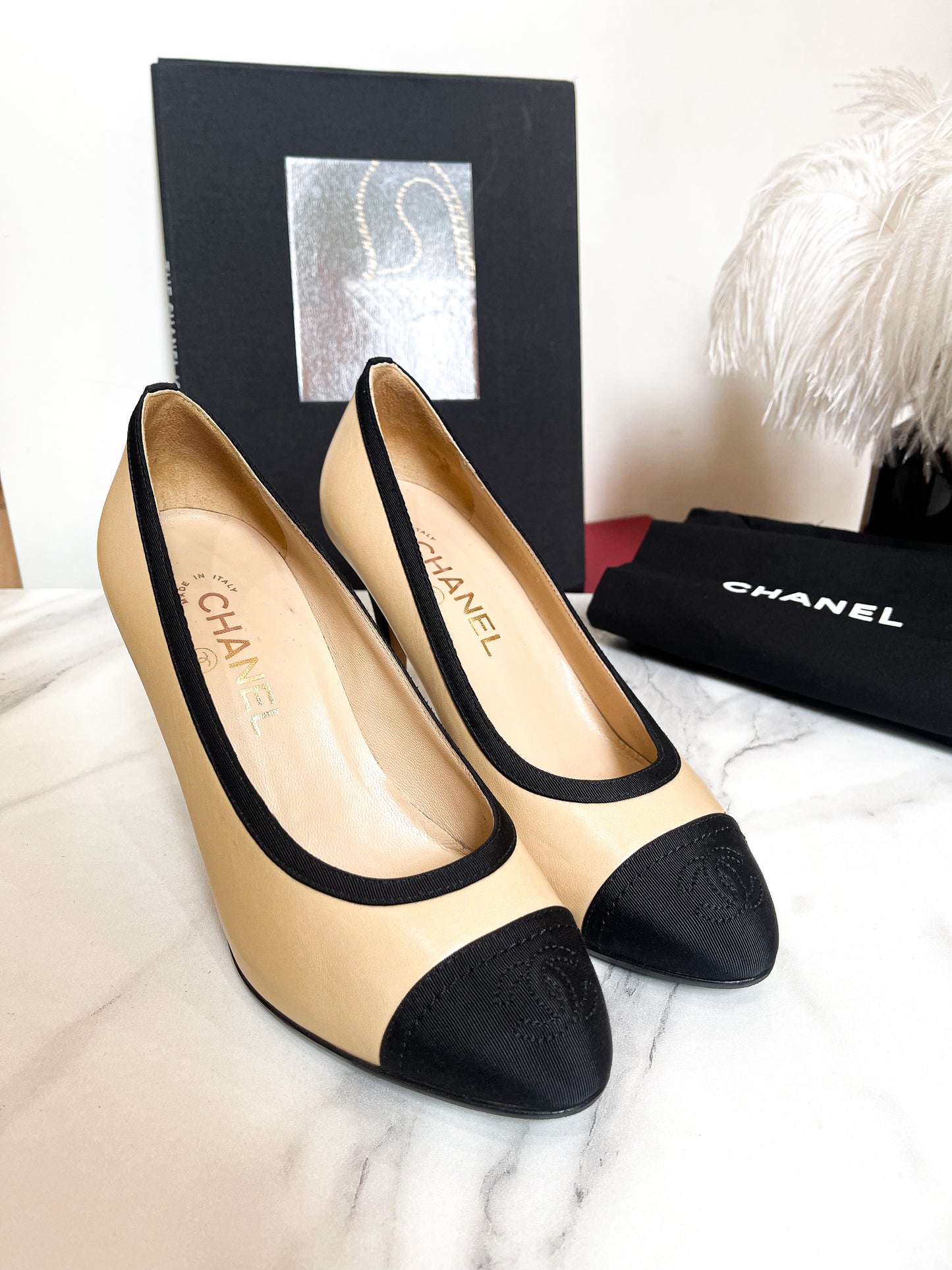 Chanel Begie Black Toe High Heels