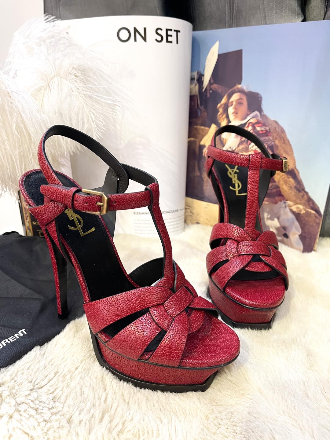 YSL Red Sandal with Rough Leather