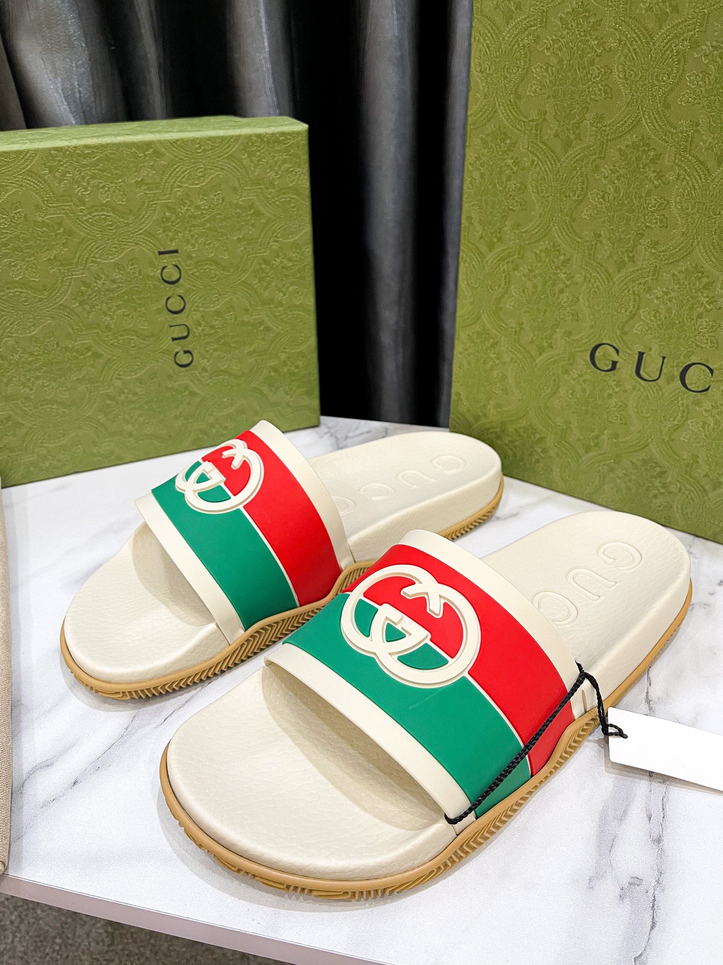 Gucci Men's Blue and Red Slippers