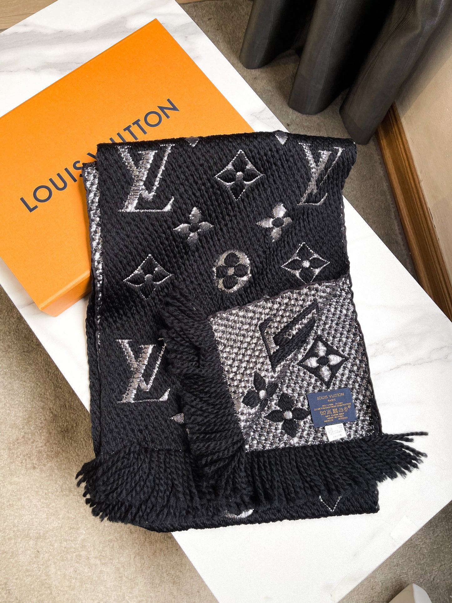 LV Metallic Black Wool Scarf