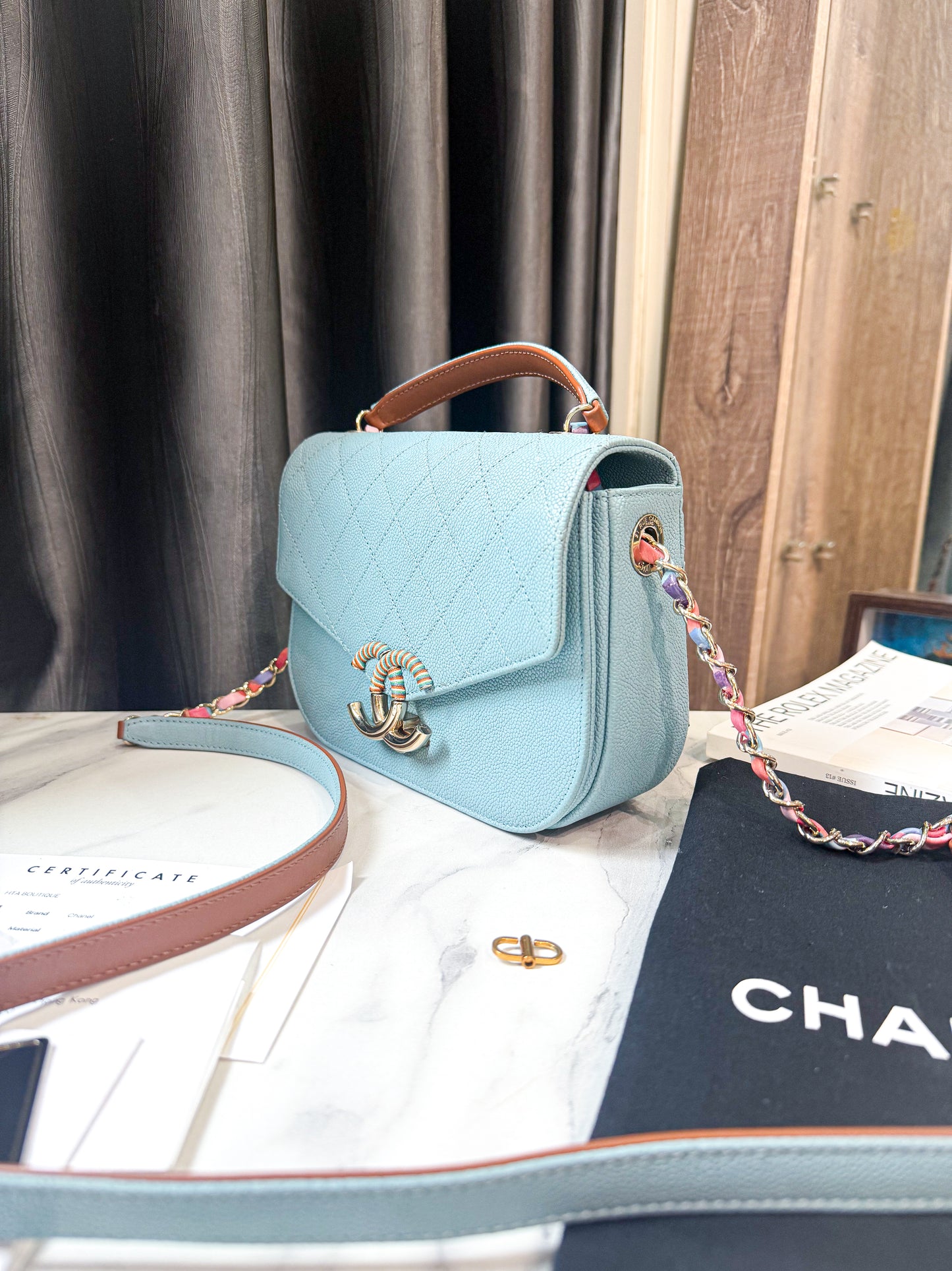 A A Chanel Top Handle Light Blue Caviar