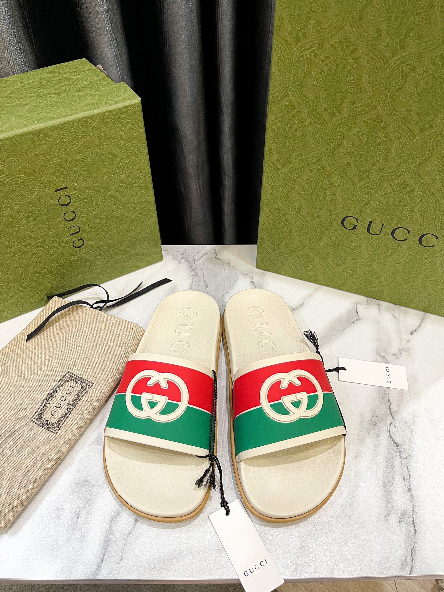 Gucci Men's Blue and Red Slippers