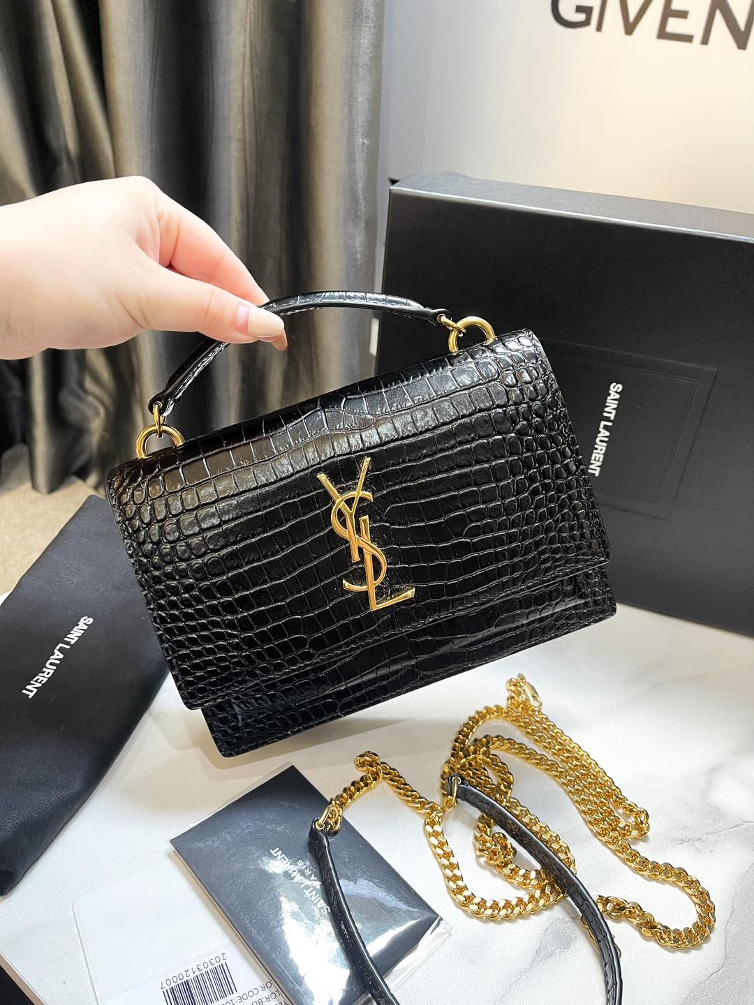 YSL Sunset Vân Croc Đen Size 19