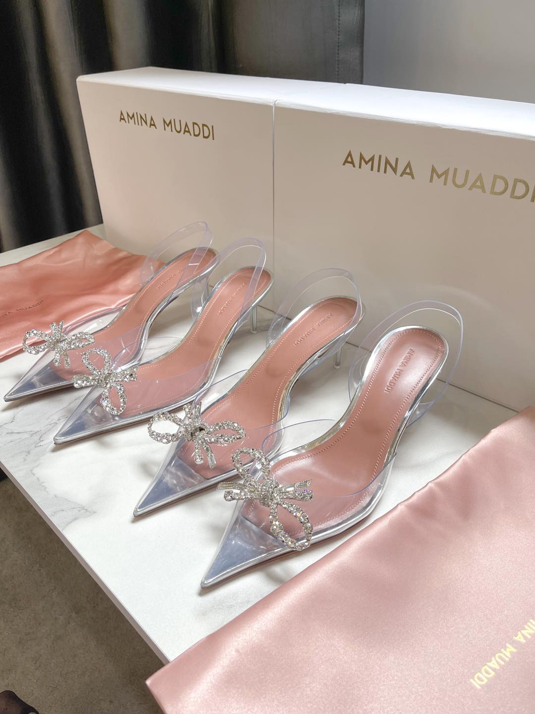 Slingback Amina Muaddi Nơ Đính Đá