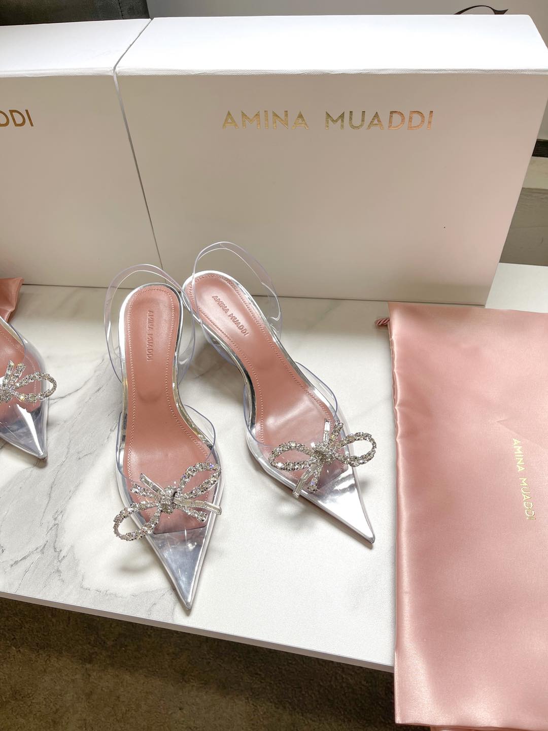 Slingback Amina Muaddi Nơ Đính Đá