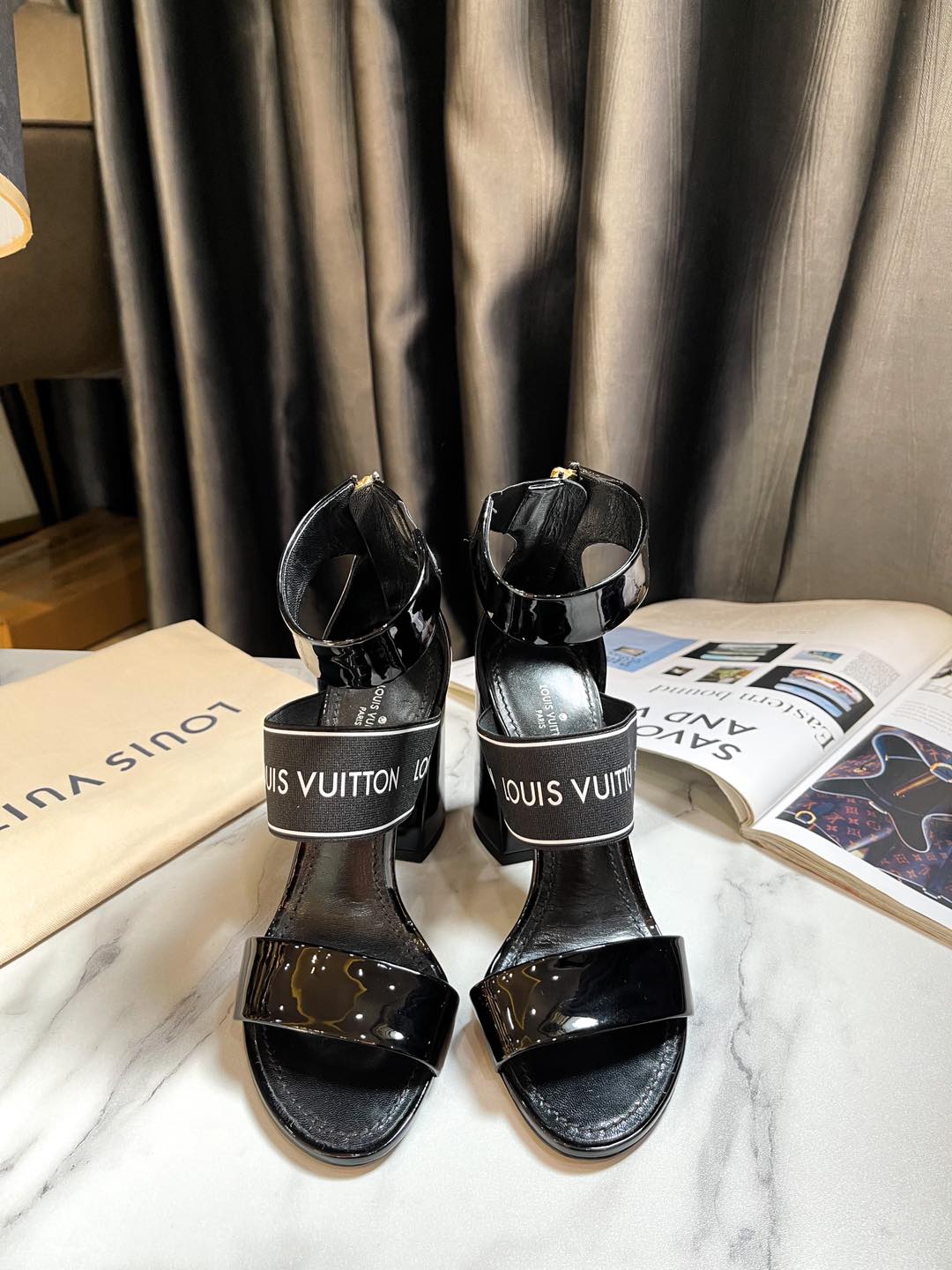 LV Black Patent Leather Heeled Sandals