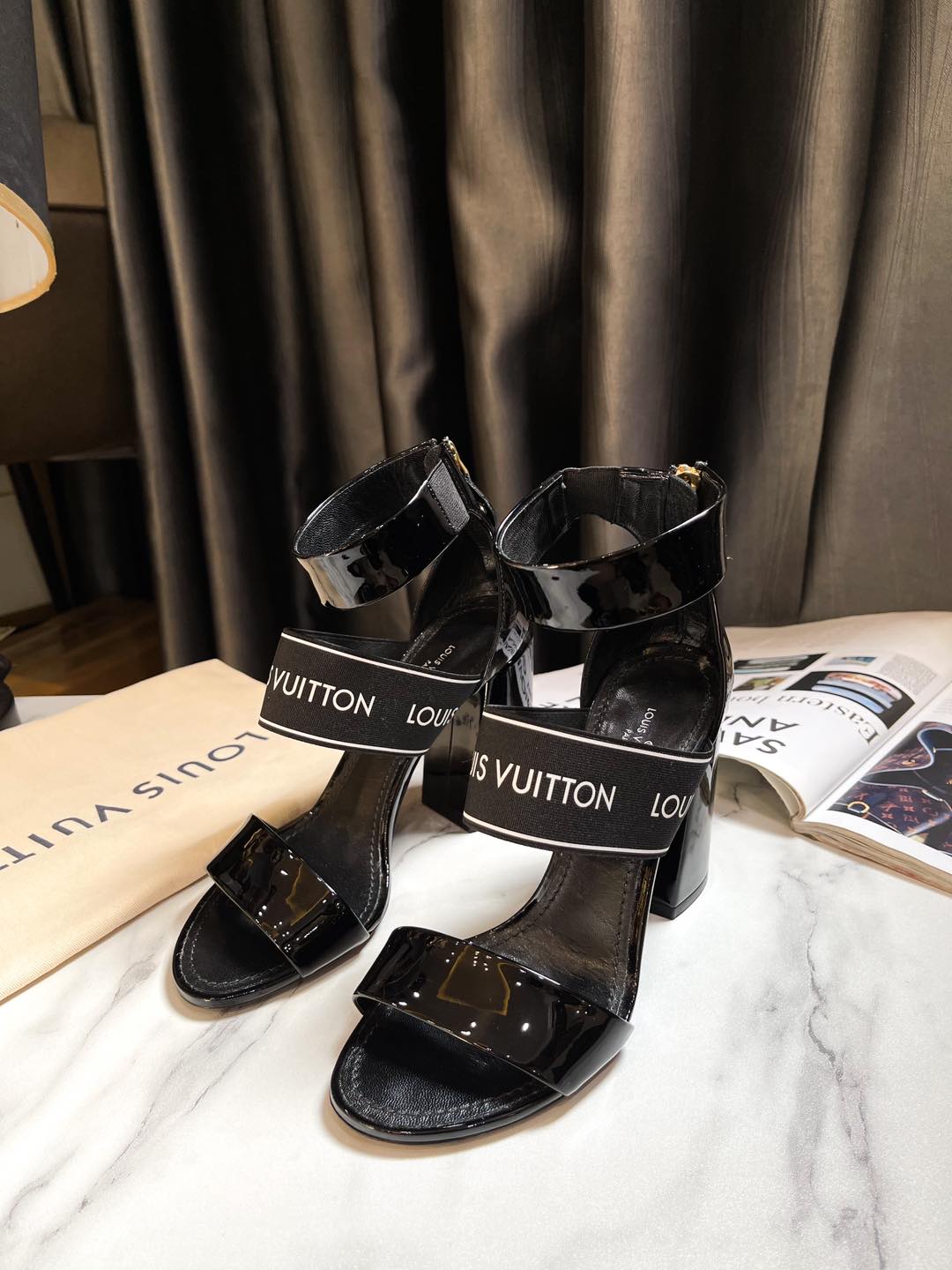 LV Black Patent Leather Heeled Sandals