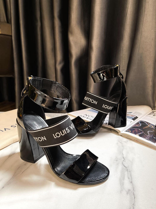 LV Black Patent Leather Heeled Sandals