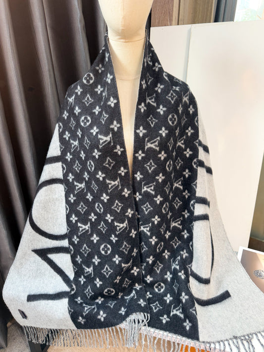 Khăn LV Cashmere Đen Ghi Logo