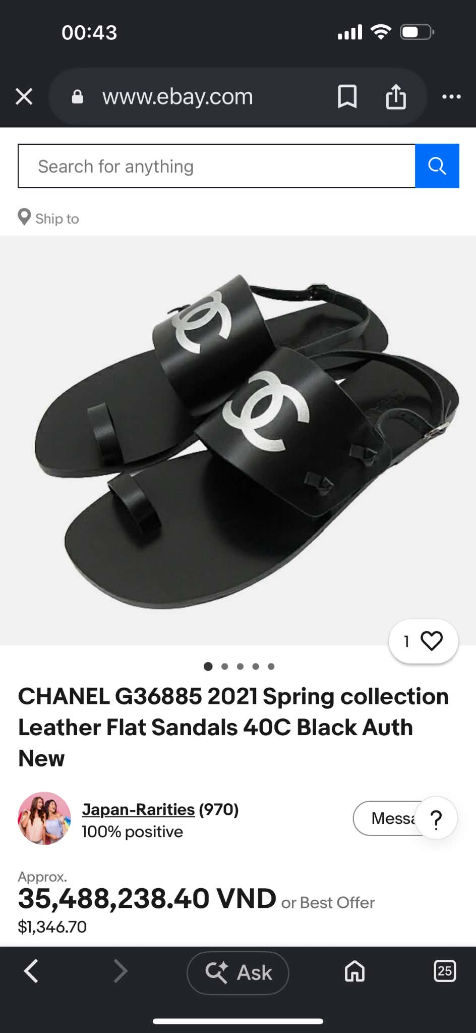 Sandal Chanel Size 37 Xỏ Ngón GD53