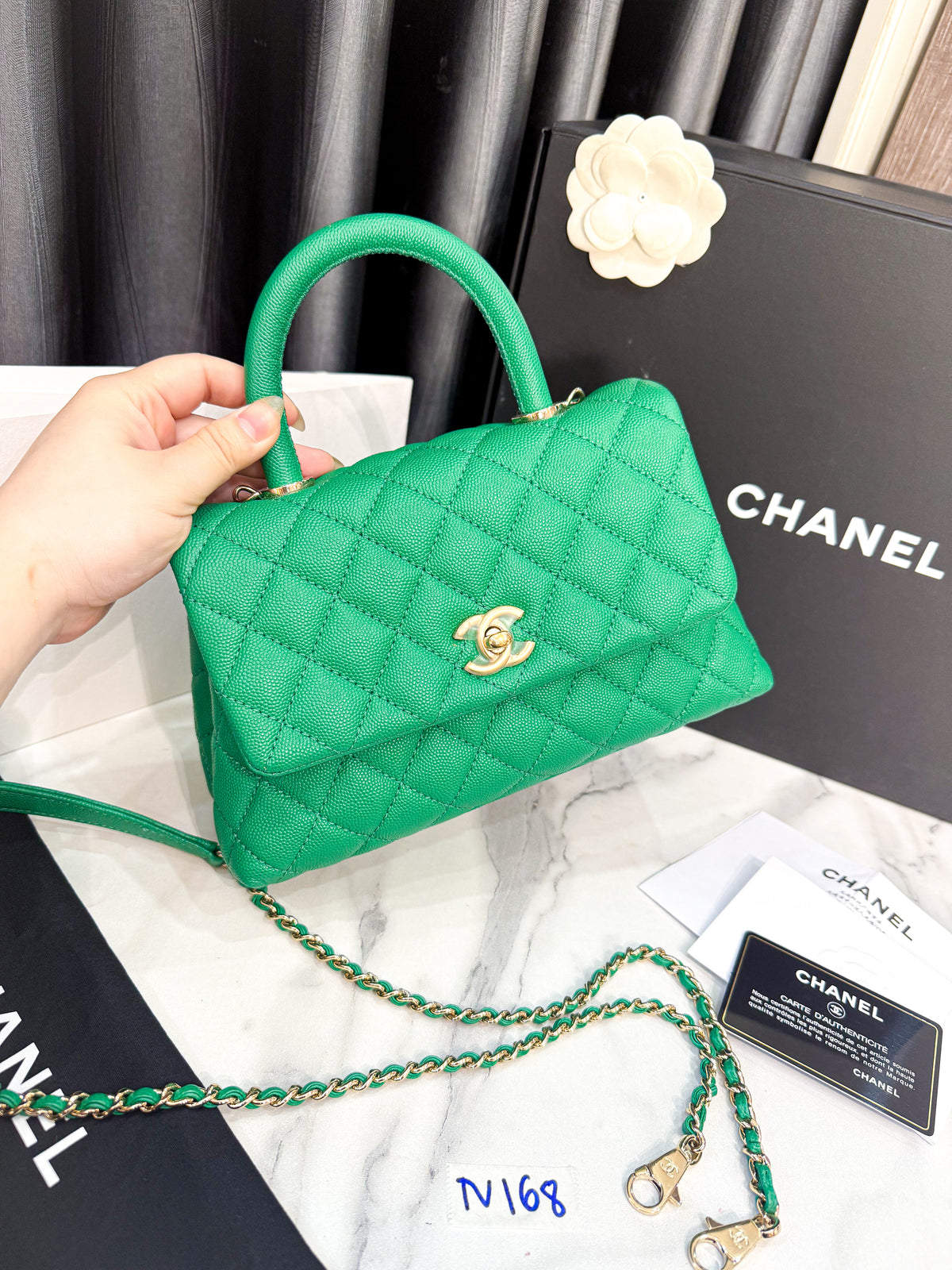 A A A Chanel Coco 9.5 Caviar Xanh TV168